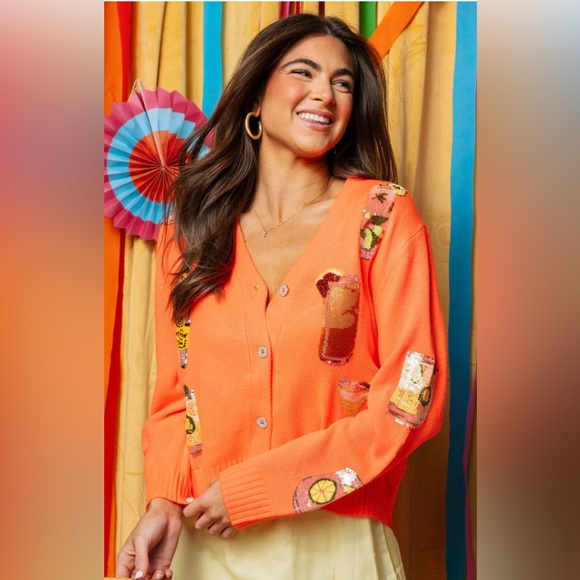 New! QUEEN OF SPARKLES Neon Orange Tequila Drink Icon Cardigan - Picture 1 of 10
